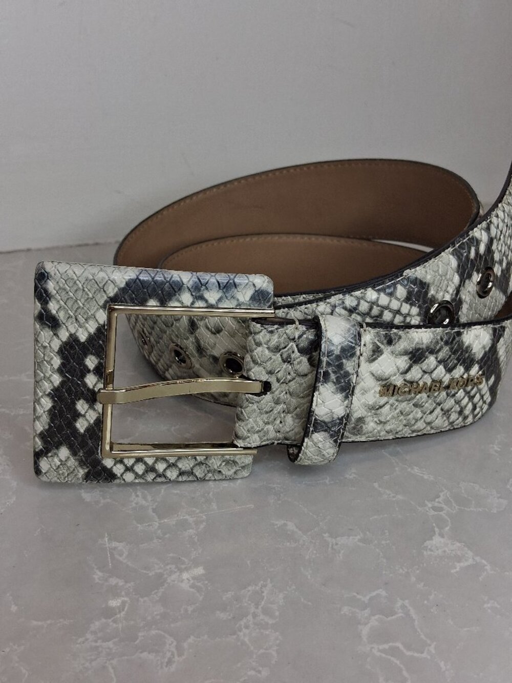 Michael Kors Grey Snakeskin Print Leather Belt Size L
